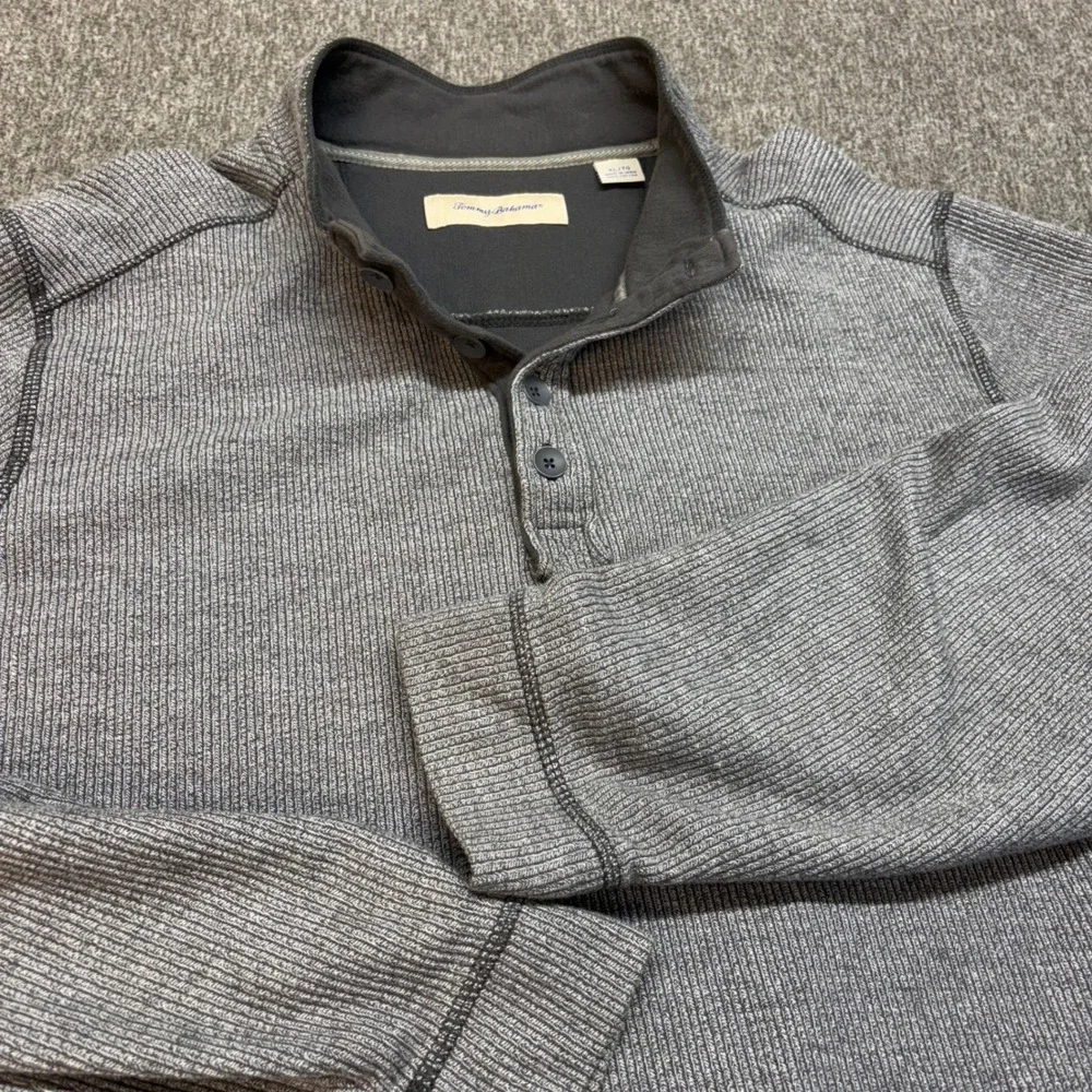Tommy Bahama Mens XL Gray 1/4 Button Pullover‎ Mock Neck Sweater Henley Shirt